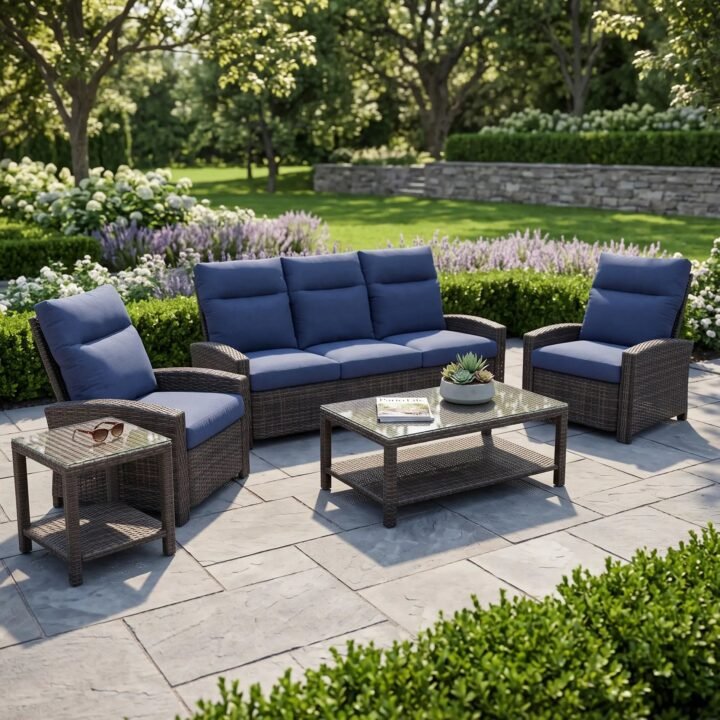 Ellis Reclining 5 Piece Sofa Chat Group - Indigo Acrylic