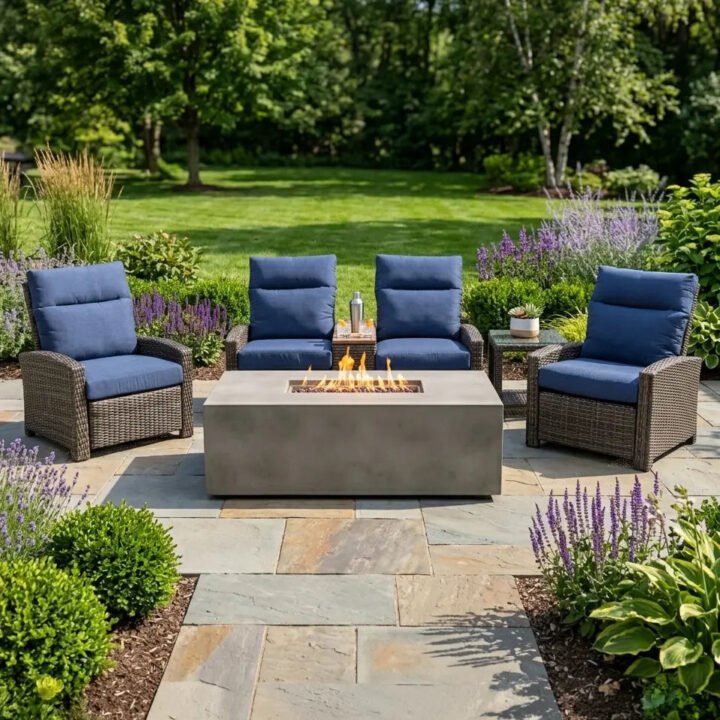 Ellis Reclining 5 Piece Loveseat Firepit/Chat Group - Indigo Acrylic