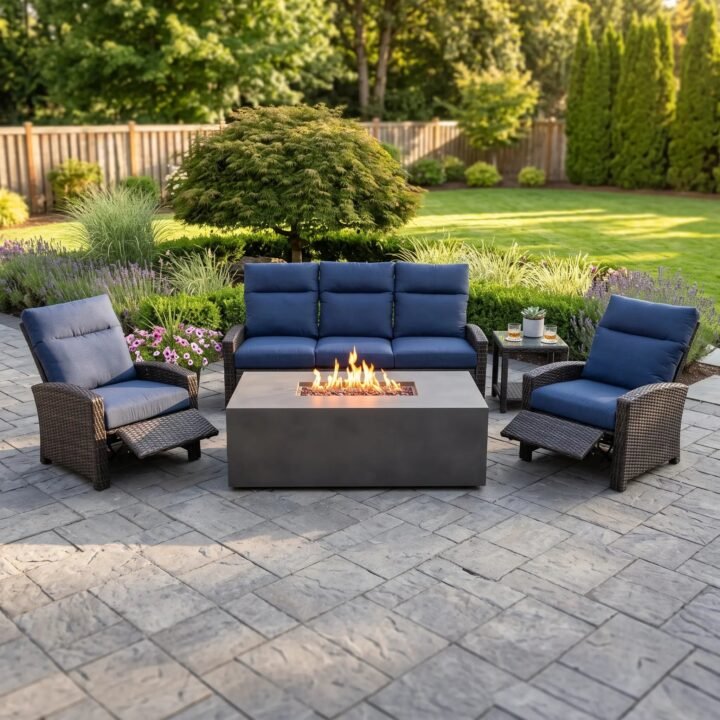 Ellis Reclining 5 Piece Sofa Firepit/Chat Group - Indigo Acrylic