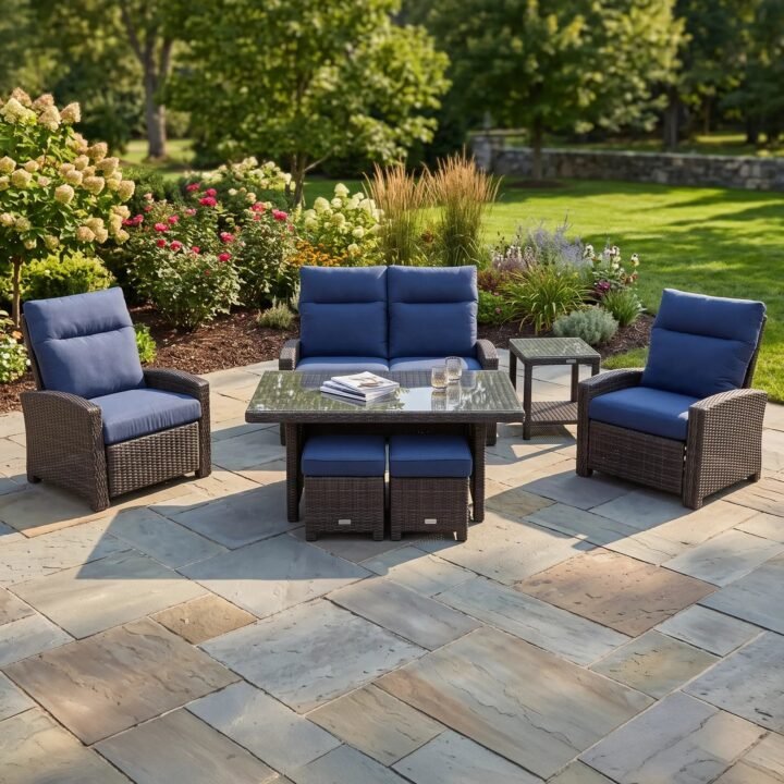 Ellis Reclining 7 Piece Loveseat Conversation Group - Indigo Acrylic