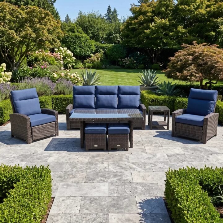 Ellis Reclining 7 Piece Sofa Conversation Group - Indigo Acrylic