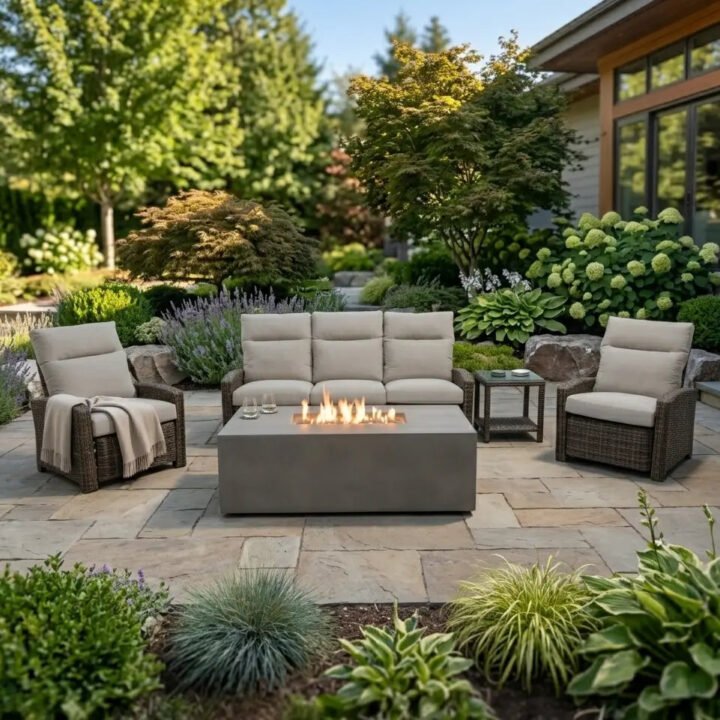 Ellis Reclining 5 Piece Sofa Firepit/Chat Group - Dove Acrylic