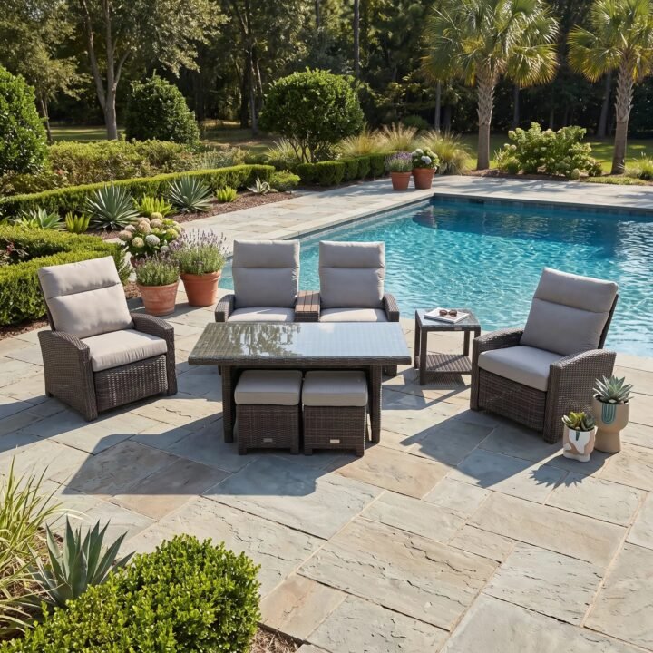 Ellis Reclining 7 Piece Loveseat Conversation Group - Dove Acrylic