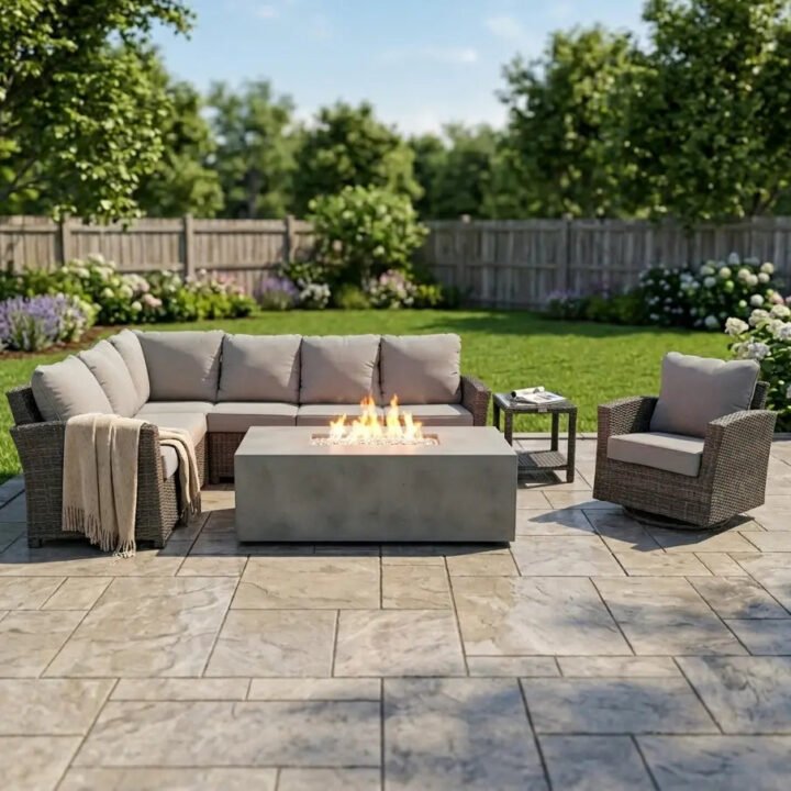Ellis 7 Piece Sectional Firepit Chat Group - Dove Acrylic