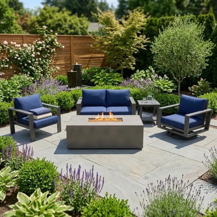Sutton Grey 5 Piece Loveseat Firepit Chat Group - Indigo
