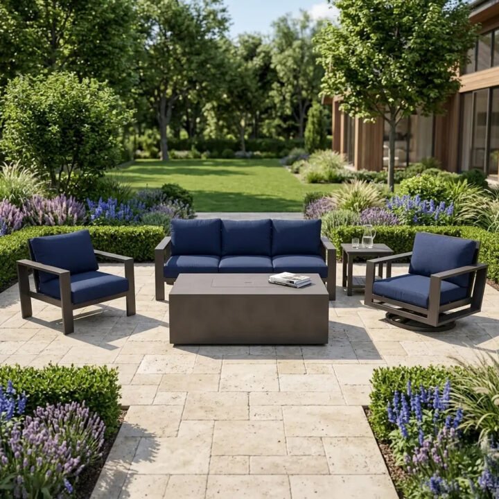 Sutton Grey 5 Piece Sofa Firepit Chat Group - Indigo