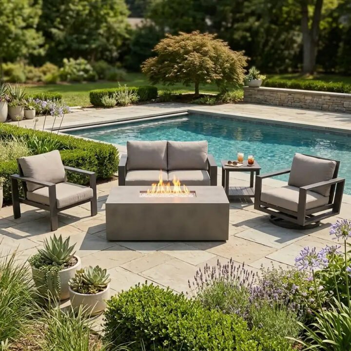 Sutton Grey 5 Piece Loveseat Firepit Chat Group - Dove