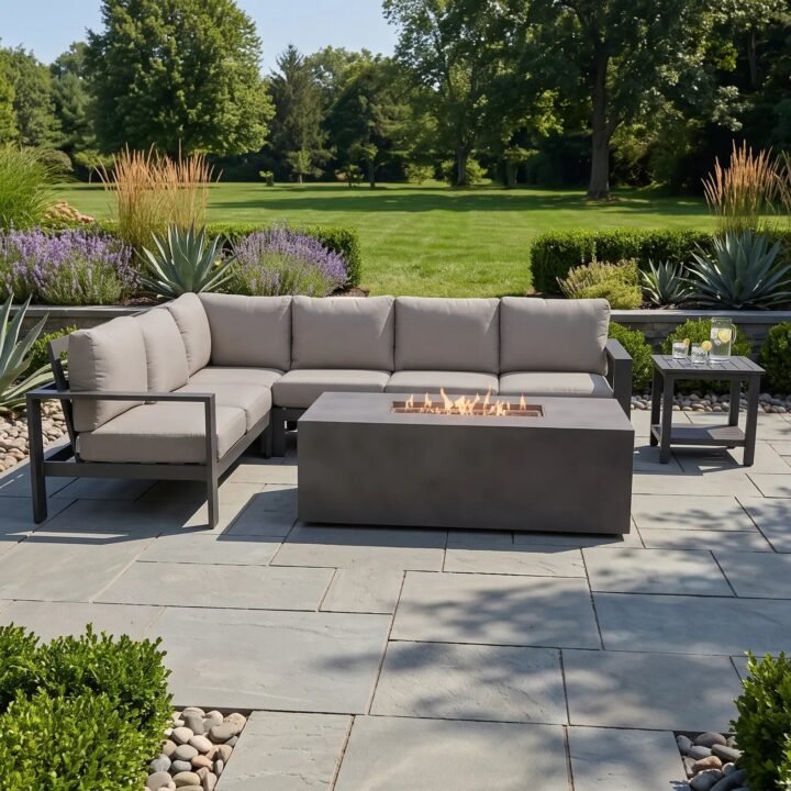 Sutton Grey 6 Piece Sectional Firepit/Chat Group - Dove