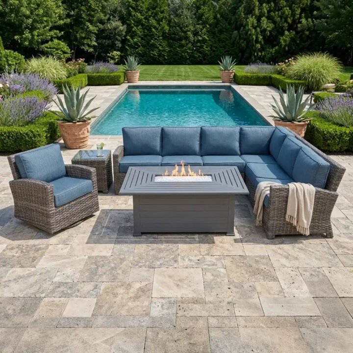 Woodridge 7 Piece Sectional Firepit Group - Spectrum Denim