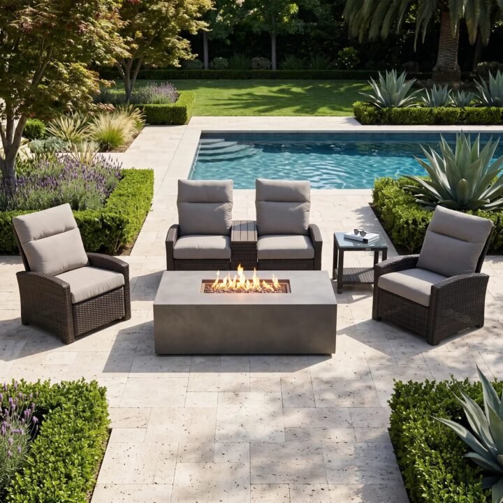 Ellis Reclining 5 Piece Loveseat Firepit/Chat Group – Dove Acrylic
