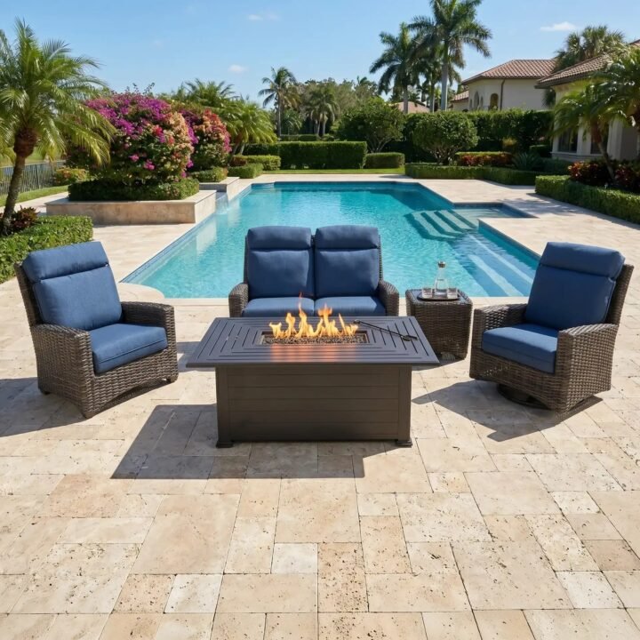 Grey Kampala 5 Piece Loveseat Firepit Chat Group – Lifeguard Lapis Indigo
