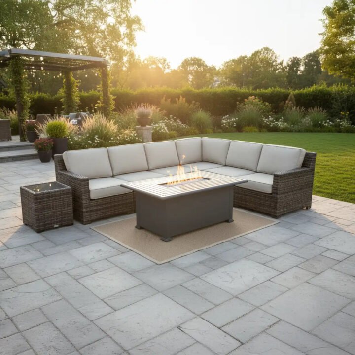 St. Kitts Grey 8 Piece Sectional Firepit Chat Group – Swimmer Oyster
