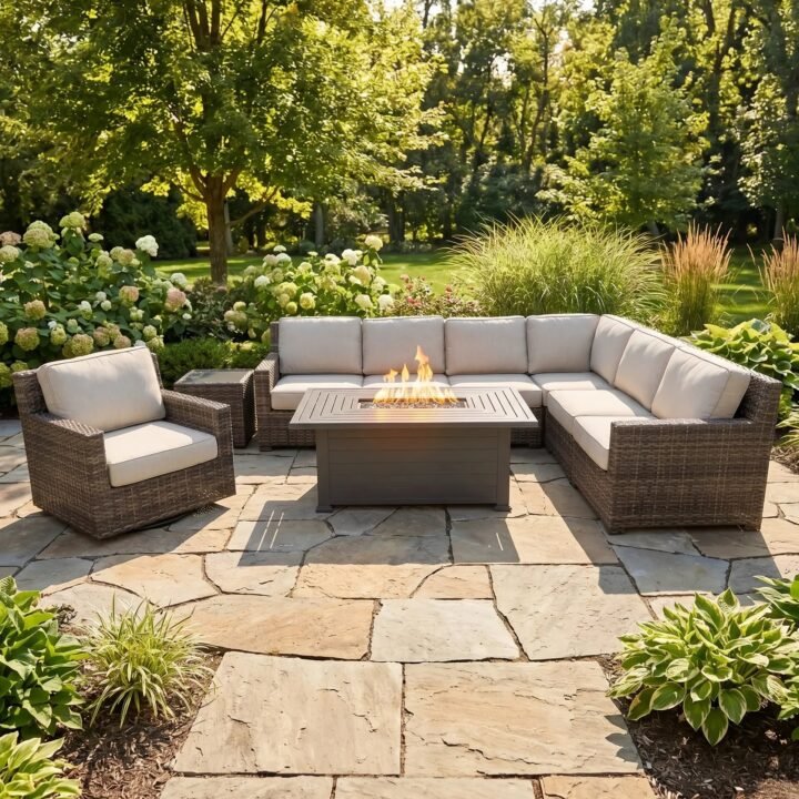 St. Kitts Grey 9 Piece Sectional Firepit Chat Group – Swimmer Oyster