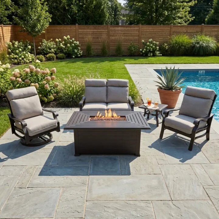 Stirling 5 Piece Loveseat Firepit/Chat Group – Makar Oyster