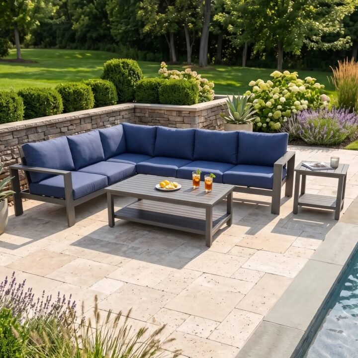 Sutton Grey 6 Piece Sectional Chat Group – Indigo