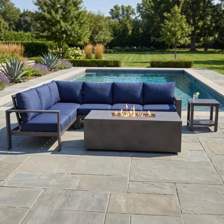 Sutton Grey 6 Piece Sectional Firepit/Chat Group – Indigo